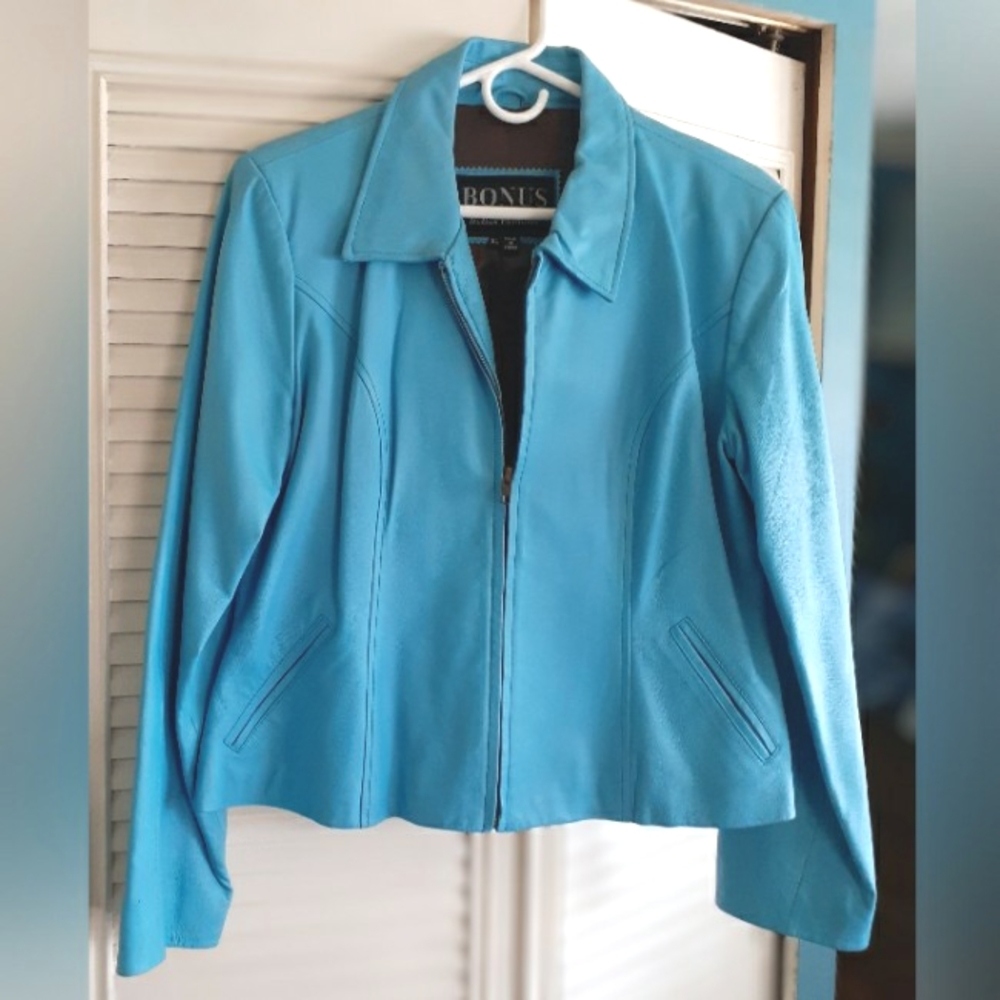 Bonus Italian Fashions Turquoise Leather Jacket L/XL